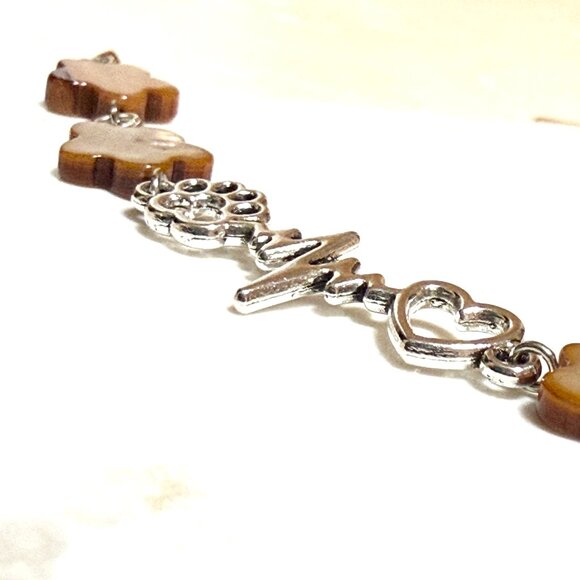 Caramel Mother of Pearl Flower Beaded Short Necklace+PawPrint Heart Beat Pendant - Picture 7 of 13